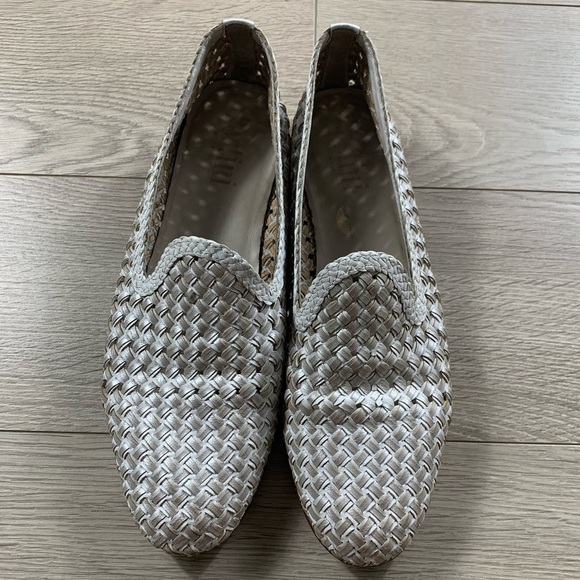 Pertini White Silver Leather Woven Loafer Flats - Picture 1 of 12